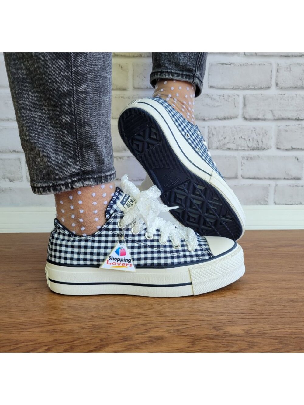 ⭐Chuck Taylor All Star Lift Gingham 7.5 Womens Shoes Navy White Sneakers A13664C